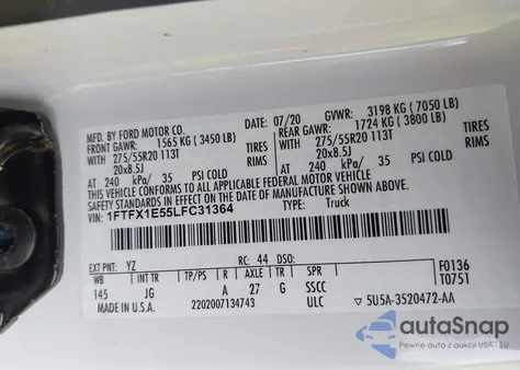 2020 Ford F-150 Xl z USA, uszkodzony, nr VIN 1FTFX1E55LFC31364